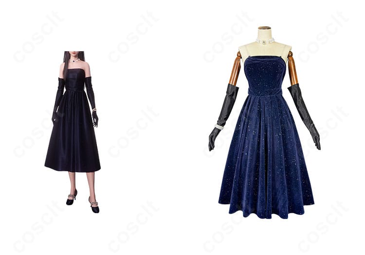 恋と深空 プレイヤー（女性主人公）夜に染まる ドレスの正面と公式ビジュアル風キャラクター比較。色味とシルエットの一致を確認できる構図。