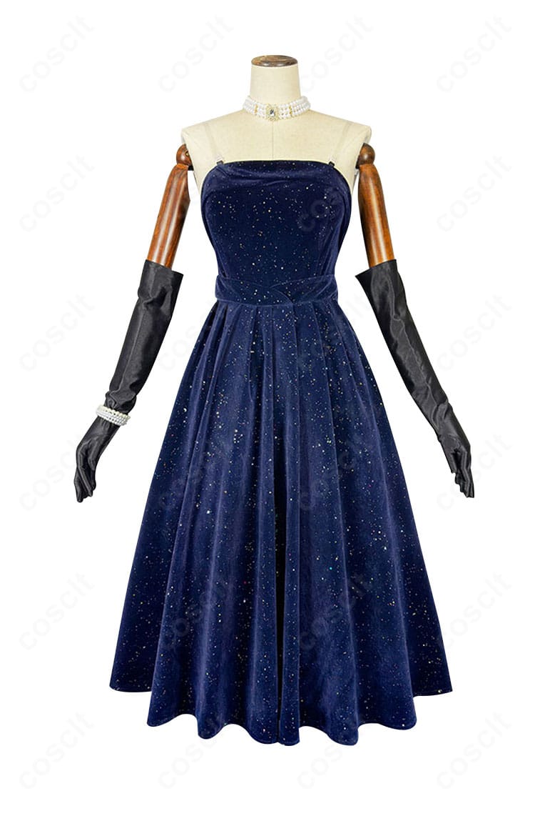 恋と深空 プレイヤー 夜に染まる コスプレドレスの正面全体。胸元のラインと肩ベルト、落ち着いた配色が分かる商品画像。