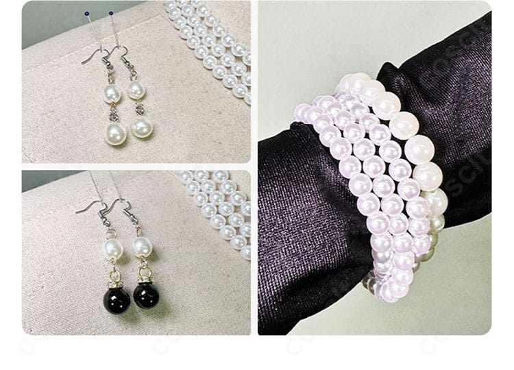 耳飾り・ネックレス・ブレスレットのクローズアップ。恋と深空 プレイヤー 夜に染まるのアクセ一式の統一感を確認。