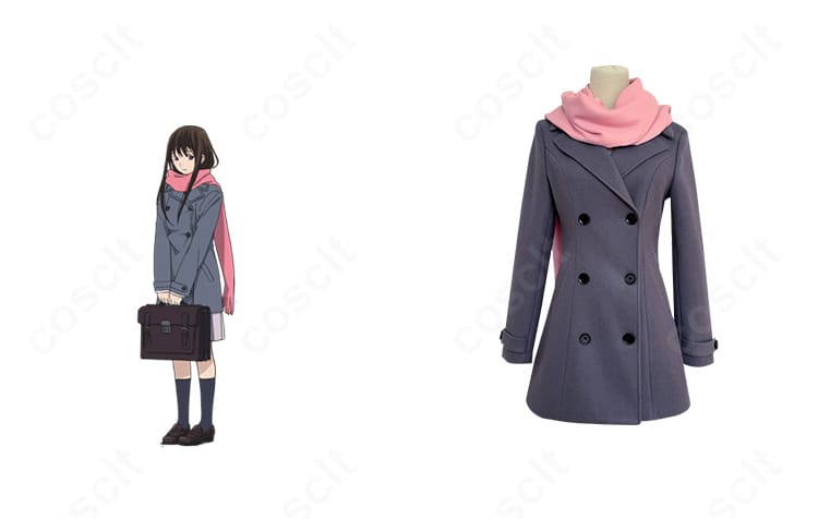 壱岐ひよりの冬服コート+マフラー衣装とキャラクター画像の並び。ノラガミの世界観を再現した上品な学園制服アウター。