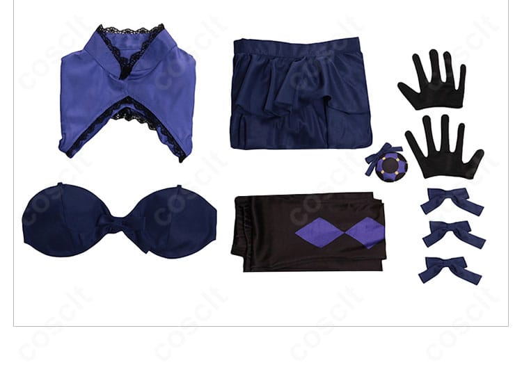 篝火花 変身後コスプレのセット内容一覧。トップス、ビスチェ、スカート、タイツ、手袋、髪飾り、蝶結びが揃った画像。