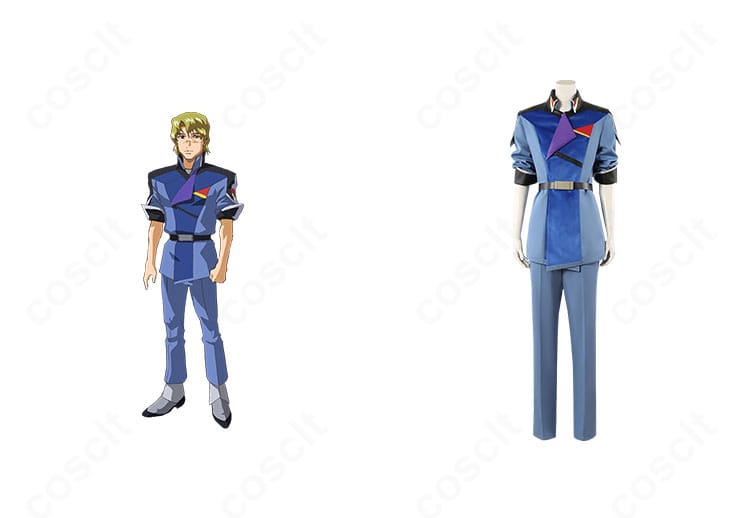 ムウ・ラ・フラガのコンパス制服コスプレ一式とキャラビジュアルの比較。直線的シルエットと装飾の再現度、フィット感を確認できる正面画像。