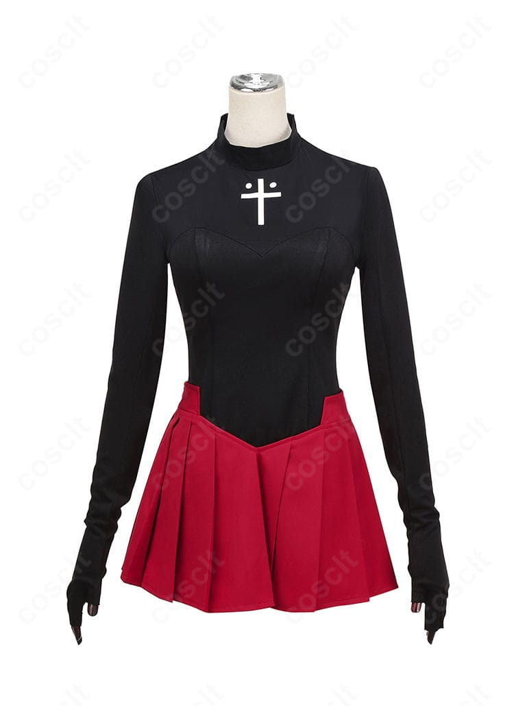 商品正面の全体像。黒トップスと赤プリーツスカートの配色が映える、Fate/EXTRA Record 遠坂凛コスプレ衣装。