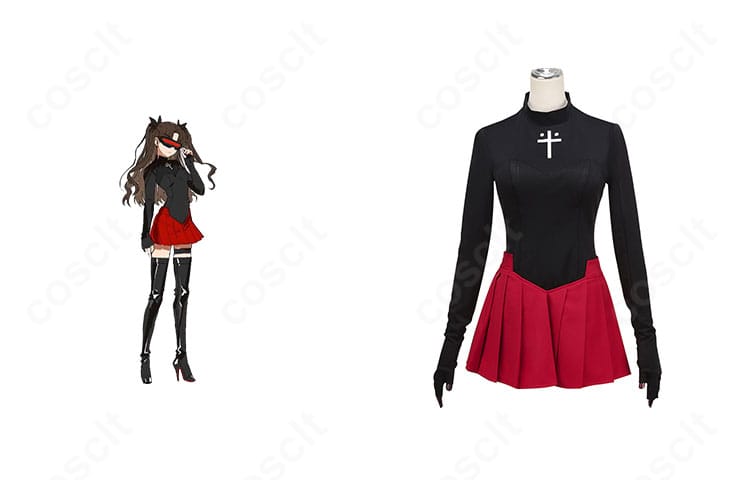 商品正面と遠坂凛のビジュアルを並置したコーデ例。Fate/EXTRA Record版遠坂凛の学園制服コスプレ衣装を忠実に再現。