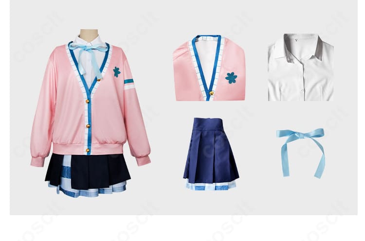 学園アイドルマスター 花海佑芽 初星学園制服コスプレのセット内容一式、コート・シャツ・スカート・リボンの4点を並べた画像