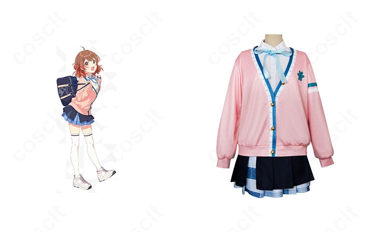 学園アイドルマスター 花海佑芽 初星学園制服コスプレの正面全身と公式イメージ対比、配色と襟意匠の一致がわかる構図