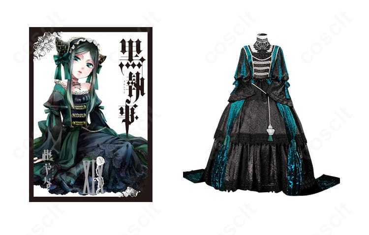 商品正面とシエル・ファントムハイヴが並ぶイメージ。緑の魔女編エメラルドドレスの全体シルエットと色味を確認できる画像