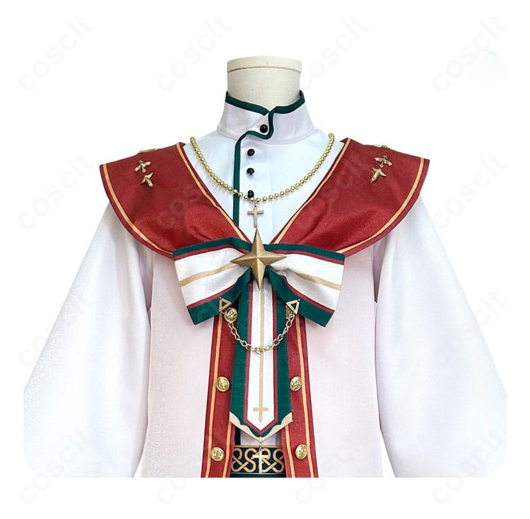 紫之 創 スタフェス衣装のネックレスと襟元装飾のアップ。金属調パーツの質感と配置を見せるディテール写真。