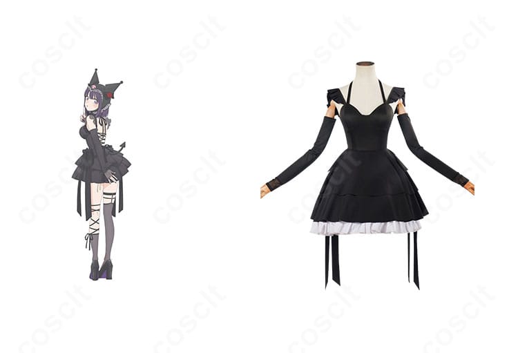 喜多川海夢の黒江雫×クロミコラボ衣装をキャラクターと並置した正面カット。高再現のシルエットと配色が一目で分かる構図。