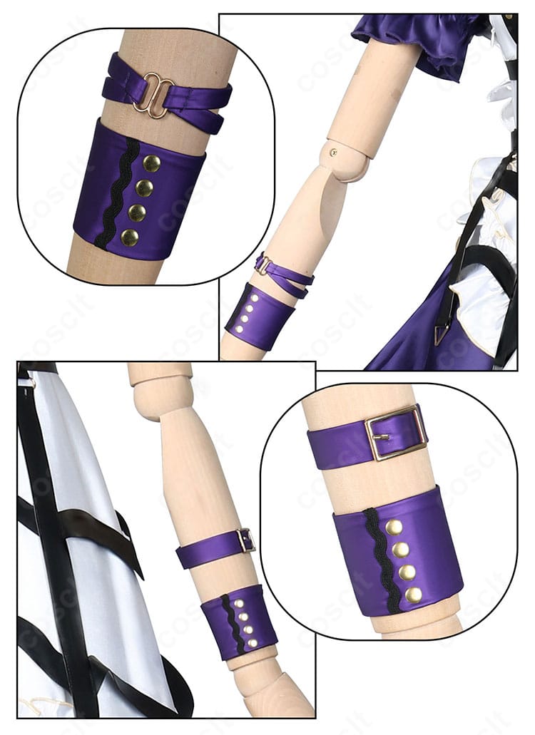 狂蘭メロコ 衣装の腕飾りディテール。手首飾りの形状と留め具、配色のコントラストを強調した画像。