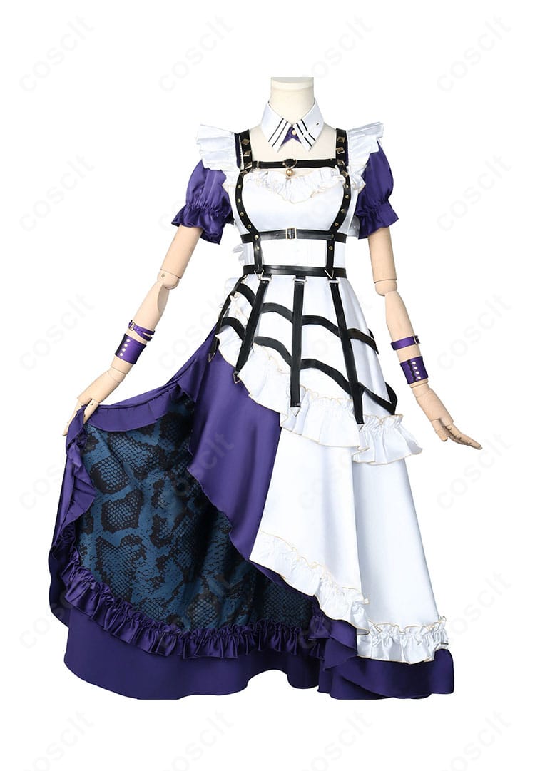 狂蘭メロコ 新衣装メイド服の正面デザイン。襟元、胸ベルト、カチューシャの位置関係とフロントのラインが分かる画像。