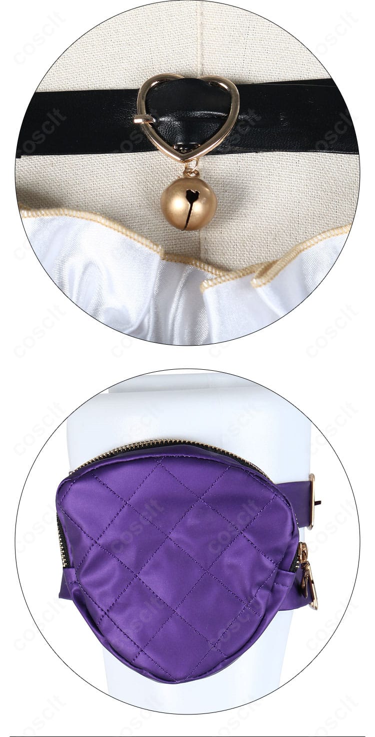 狂蘭メロコ 衣装の胸元装飾アップ。鈴と小袋の位置、光沢感とアクセントカラーが伝わるディテール。