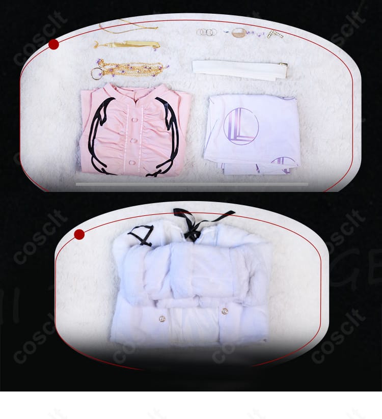 一条莉々華 初期衣装コスプレのセット内容一式。コート・シャツ・スカート・ベルト・チェーン・チョーカー・太もも飾りを並べて紹介。