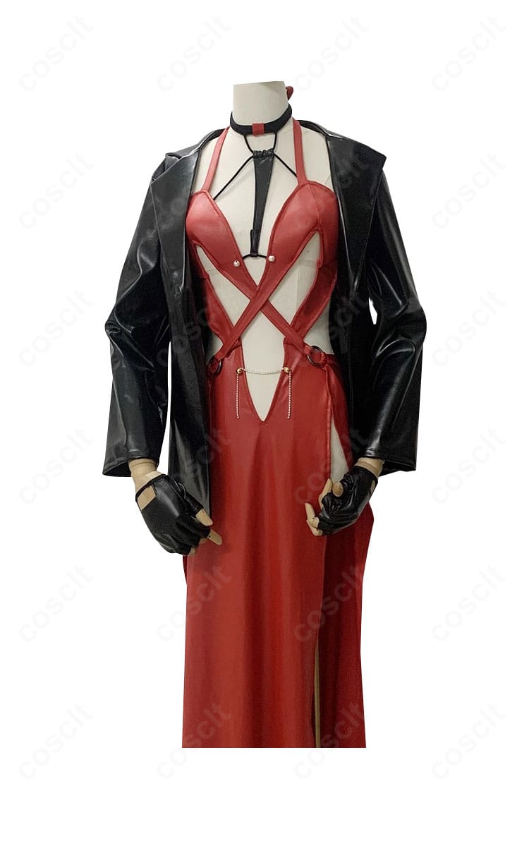 レッドフード衣装の装飾ディテール。刺繍調パーツと縁取りの質感、精密な仕上げを強調。