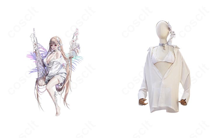 勝利の女神:NIKKE バイパー「シャイン・オブ・ラブ」水着コスプレの商品正面とキャラクター比較。落ち着いた配色と上品なラインを高再現。