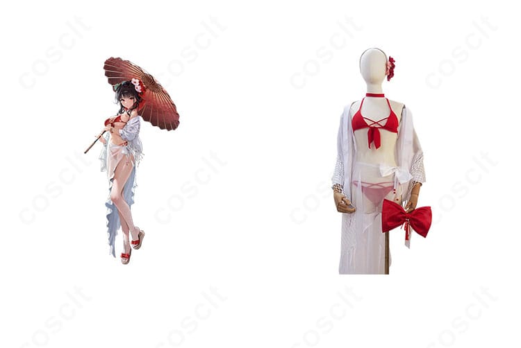 勝利の女神：NIKKE サクラ「ブルーム・イン・サマー」水着コスの正面全体。落ち着いた色味と上品なシルエットを確認できる商品画像。