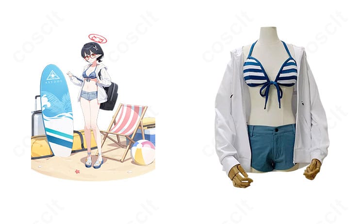 ブルーアーカイブ 奥空アヤネの水着コスプレ衣装 正面全体。色味とパネルラインを忠実に再現した高発色デザイン。