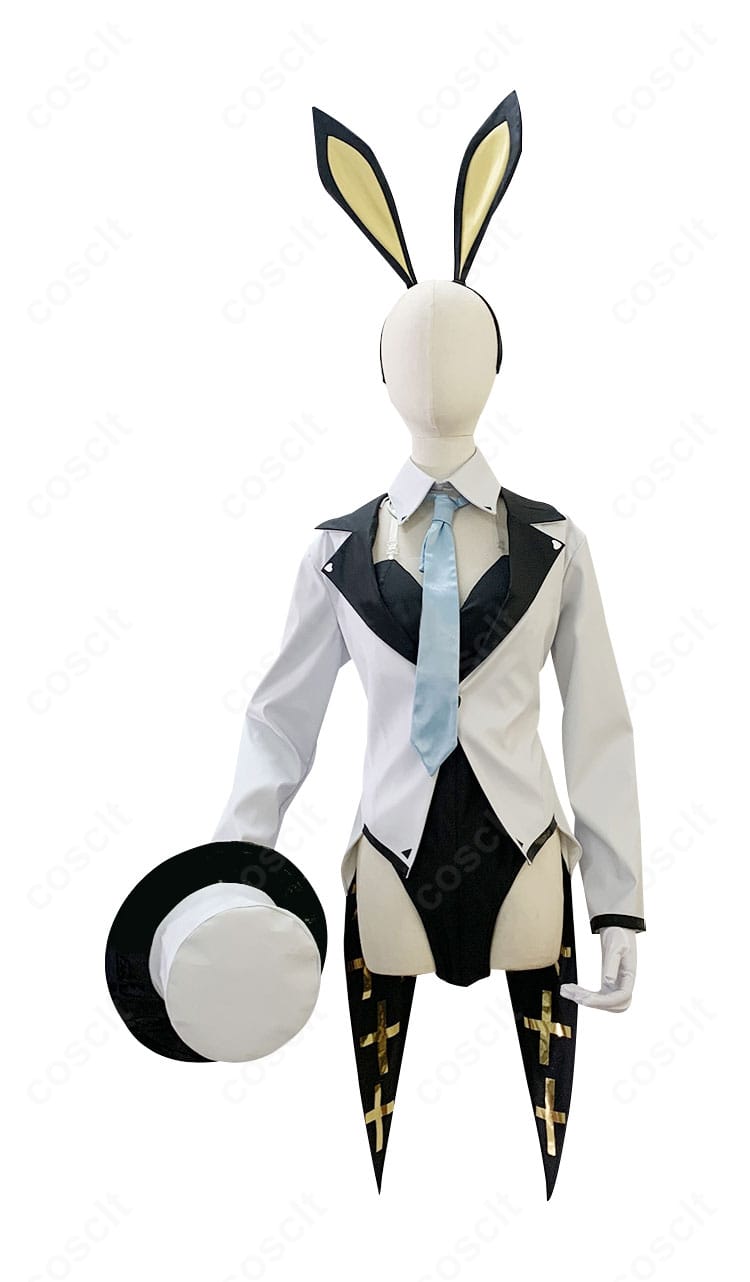 正面アップ：黒崎コユキ バニーコスプレ衣装のディテール。体に沿う立体裁断と隠し開閉でフィット感と着替えやすさを両立。オーダーメイド対応。