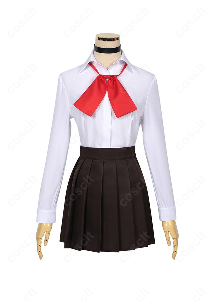 綾瀬桃 制服コスプレ 衿付きシャツとスカーフの結び目アップ。縫製とステッチの様子