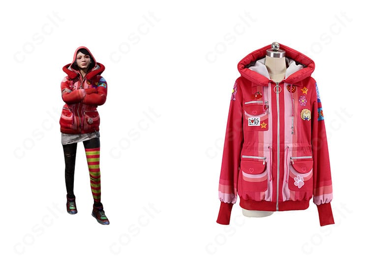 フェン・ミン『赤ずきんゲーマー』衣装の正面とキャラクター立ち絵を並べたイメージ。コートのシルエットと世界観が伝わるカット。