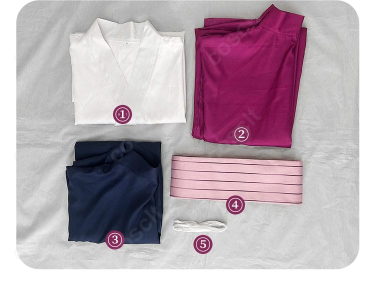 宇髄天元 コスプレ衣装のセット一式レイアウト写真。必要アイテムを一望でき、コーディネートイメージが把握しやすい。