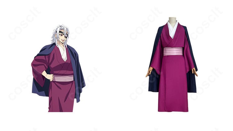 宇髄天元の柱稽古編コスプレ衣装をモデル正面とキャラクタービジュアルで比較した写真。高再現の造形と質感が伝わる構図。