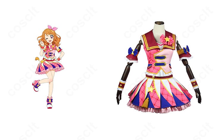 商品正面と大空あかりの比較イメージ。アイカツ！大空あかり ピンクパレードコーデを全身で再現したコスプレ衣装のセット一式。