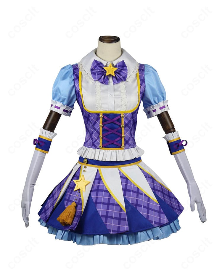 氷上スミレ ブルーパレードコーデ衣装の正面全体。高発色のブルーとゴールド装飾、胸元のスカーフが映えるディテールが確認できる。