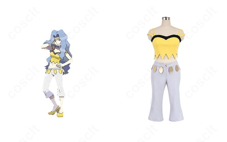 カリン(四天王)衣装の正面とキャラビジュアルを合わせた構図。HGSS版の片肩トップスとスリムパンツを高再現したコスプレ一式。