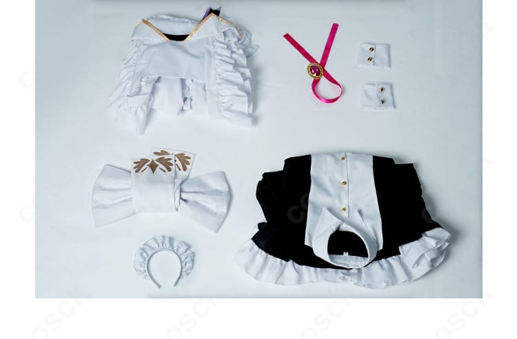 セット内容一覧。ワンピース、エプロン、リボン、手首飾り、髪飾り、背部蝶結びを並べて構成を明示。