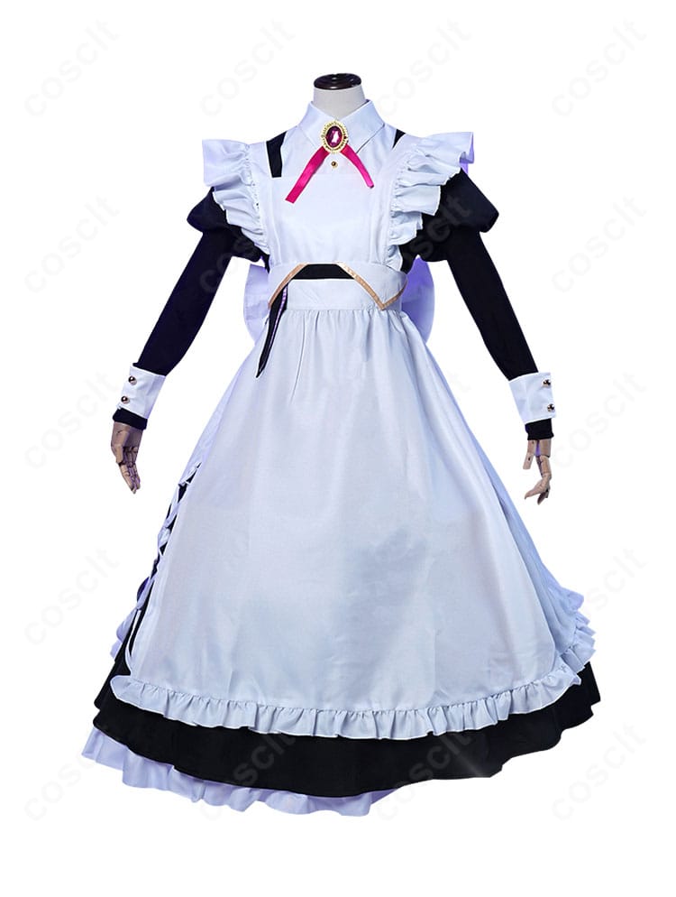 セレン龍月 メイド服コスプレの正面全景。襟元リボンとエプロンのバランス、きれいなウエストラインを強調。