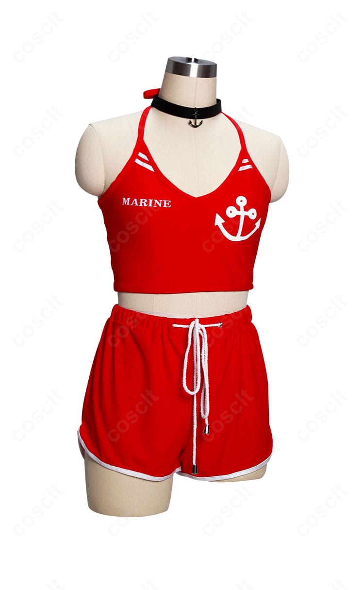 宝鐘マリン 3周年記念水着の側面図。ストラップの角度とフィット感、ウエストラインのシルエットを詳細に表示。