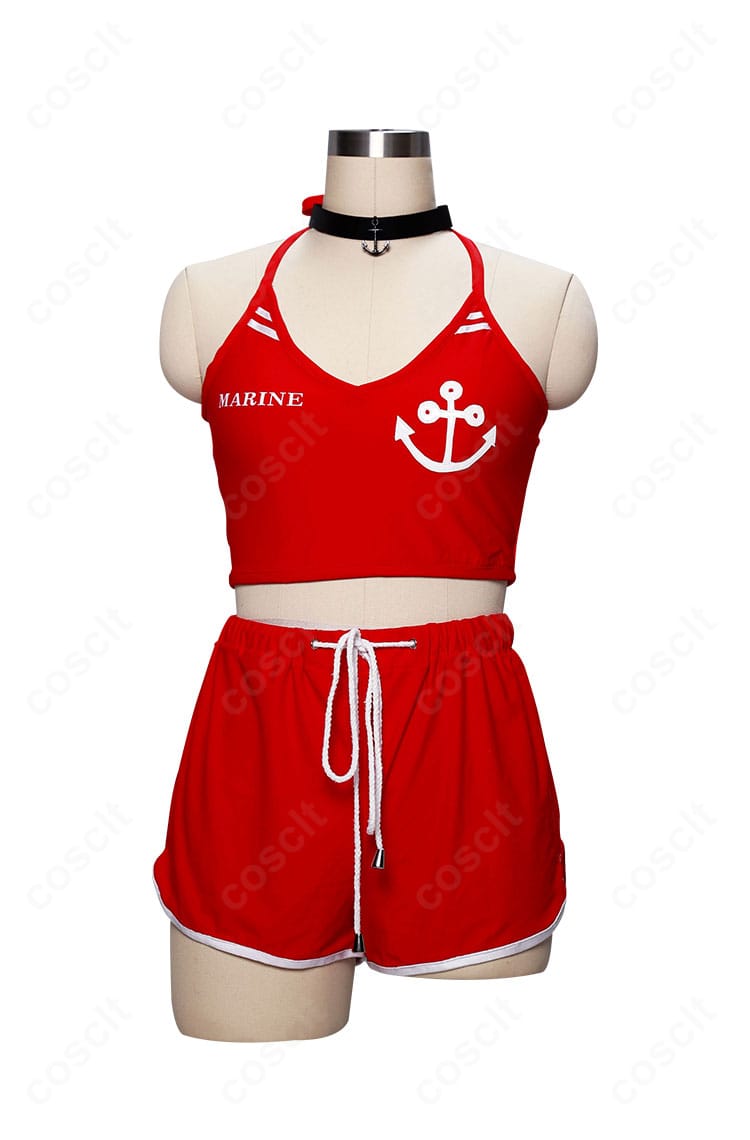 宝鐘マリン 3周年記念水着コスプレ衣装の正面図。フリル配置、ネック周り、ショートパンツの丈感が確認できる。