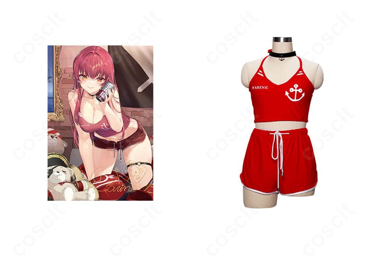 宝鐘マリン 3周年記念水着の正面全体と公式風イラスト構図。トップスとチョーカーの意匠が分かる比較画像。