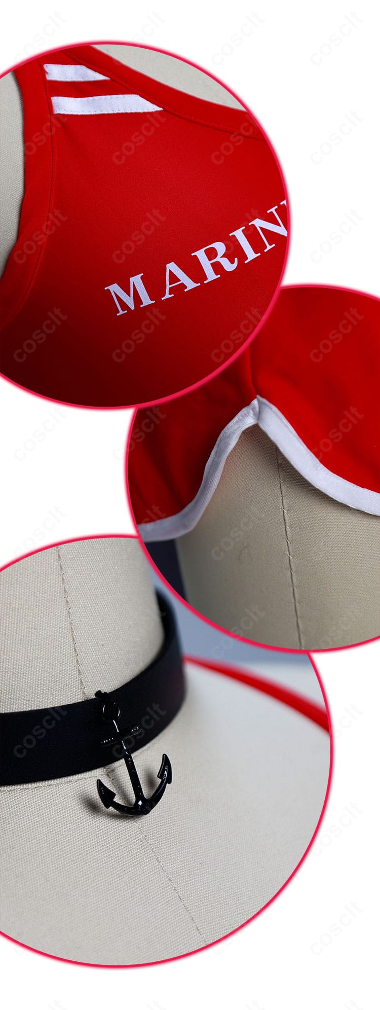 宝鐘マリン 3周年記念水着の装飾ディテール接写。フリル端処理と刺繍モチーフの質感が見える。