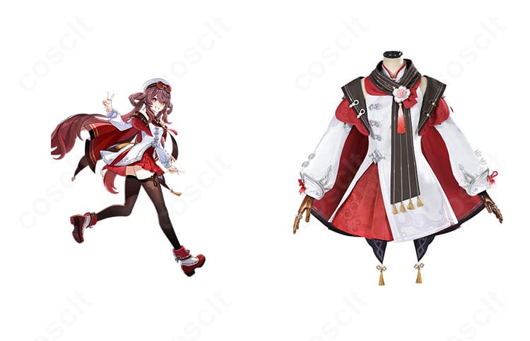 原神 胡桃（フータオ）残雪に咲く紅の正面全身。キャラビジュアルと並置し色味とシルエットの再現性を示す画像