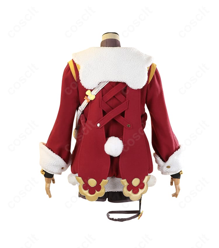 原神 香菱 大つごもりの歓声 コスプレ衣装の背面。背中の装飾配置と縫製ディテールを鮮明に表示。