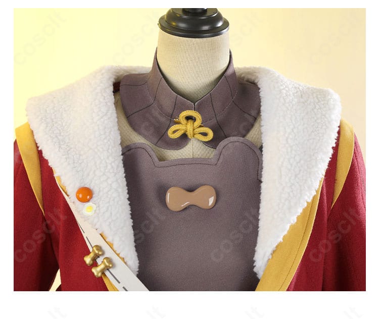 原神 香菱 大つごもりの歓声 襟元と装飾のクローズアップ。精巧な刺繍と立体装飾が写真映え。