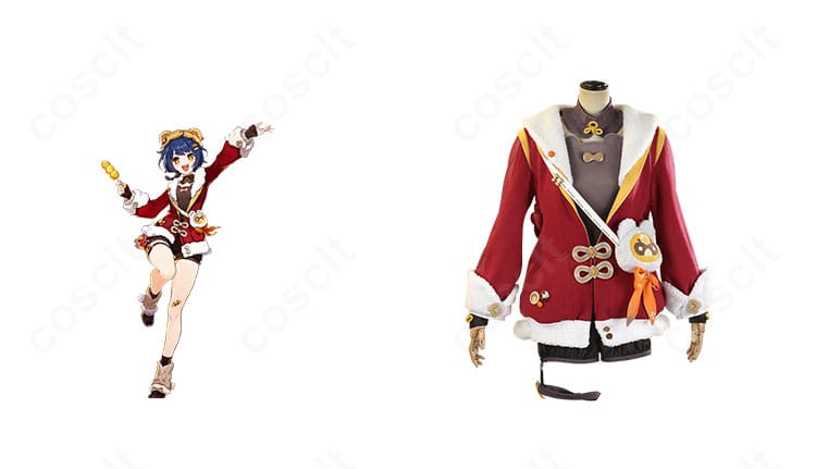 原神 香菱（シャンリン）大つごもりの歓声 コスプレ衣装の正面と公式イメージ比較。刺繍や飾り紐、神の目飾りまで忠実に再現。