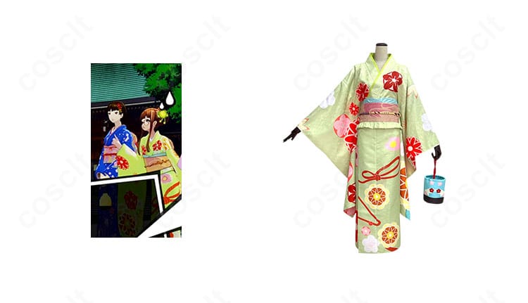 商品正面とキャラクターの合成画像。ペルソナ5 ザ・ロイヤル 佐倉双葉(オラクル)怪盗団コスプレ衣装の全体シルエットを正面から紹介。