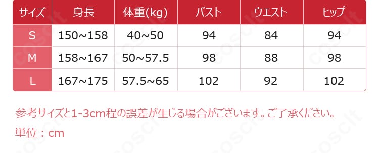 サイズ表の画像。S・M・Lの寸法対応を一覧化し、選びやすさに配慮した案内。