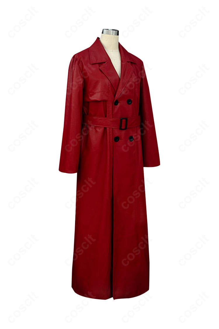 赤い傘の男コスプレ衣装コートの側面画像。肩線から裾にかけての美しいラインとハリ感、縫製の精密さを示すカット。