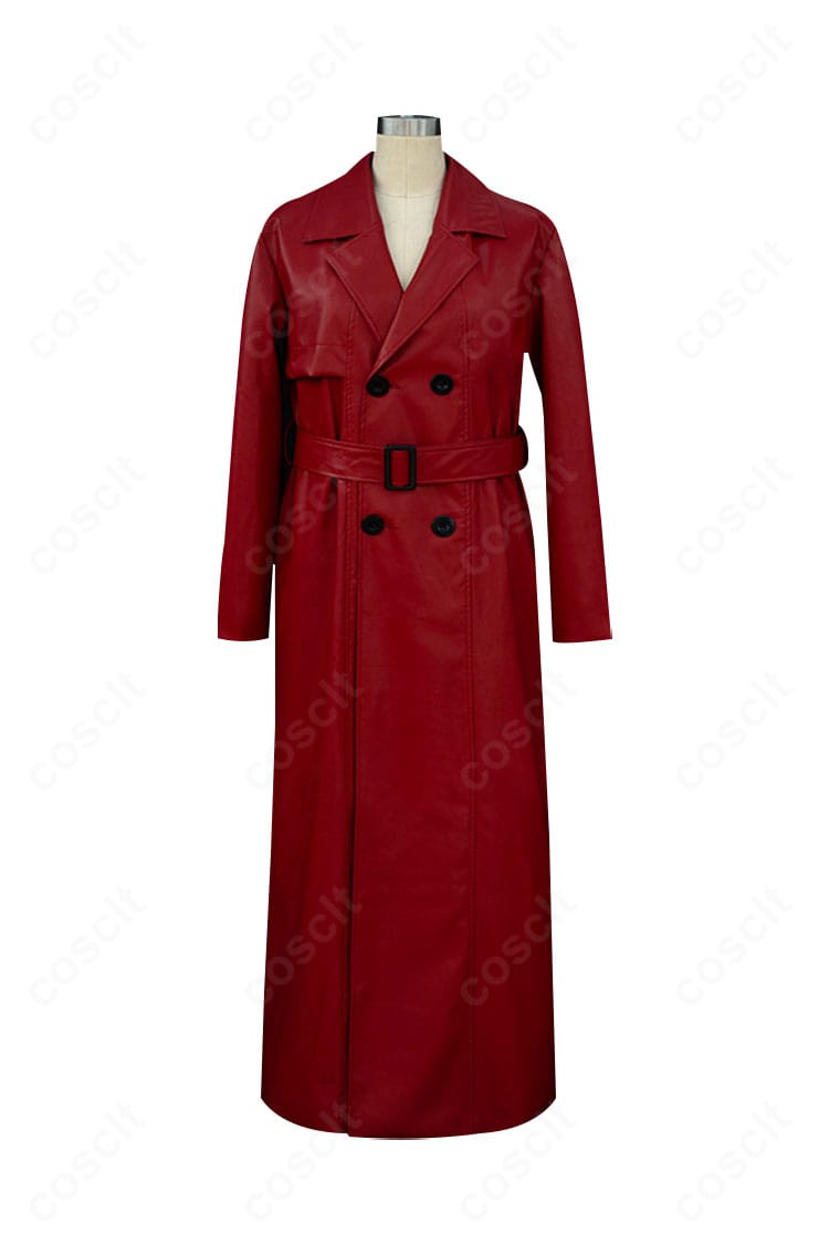 赤い傘の男コスプレ衣装コートの正面商品写真。前立てやポケット位置など再現度の高いディテールと落ち着いた色味が確認できる。