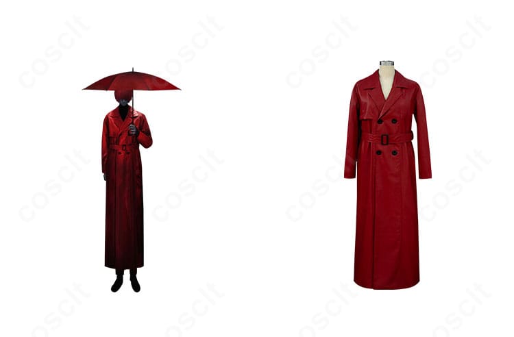赤い傘の男のコスプレ衣装コートの正面とキャラクター着用イメージ。端正な襟と直線的シルエットを忠実再現。イベント向けの全体感が分かる構図。