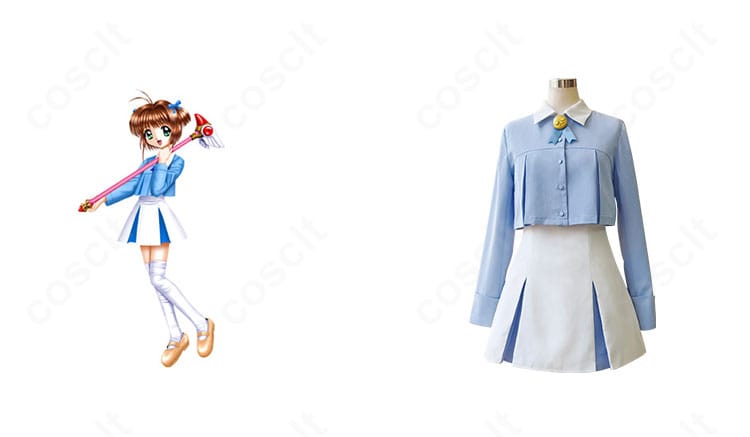 カードキャプターさくら 木之本桜の私服コスプレ衣装。キャラクター画像との比較で、コート・ワンピース・リボンの再現度と全体バランスが分かる正面ショット。