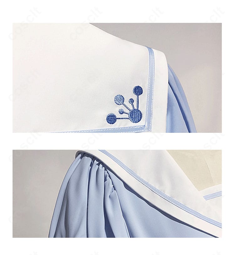 木之本桜 私服ワンピースの襟元とショルダー装飾ディテール。刺繍と意匠の再現性を示すクローズアップ