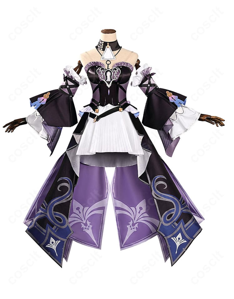 正面ディテール。マダム・ヘルタ コスプレ衣装の胸元・ウエスト・裾の構成