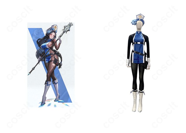 勝利の女神:NIKKE メイデン アイスローズの正面全身とキャラクタービジュアルを並べた写真。COSCLT製の高精度再現で上品かつクールな印象が伝わる構図。