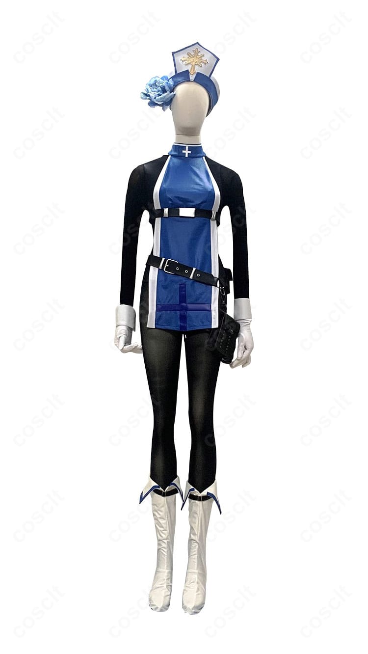 勝利の女神:NIKKE メイデン アイスローズ衣装の正面全身写真。ハリのあるシルエットと落ち着いた配色、細部の縫製まで見える高解像ディテール。