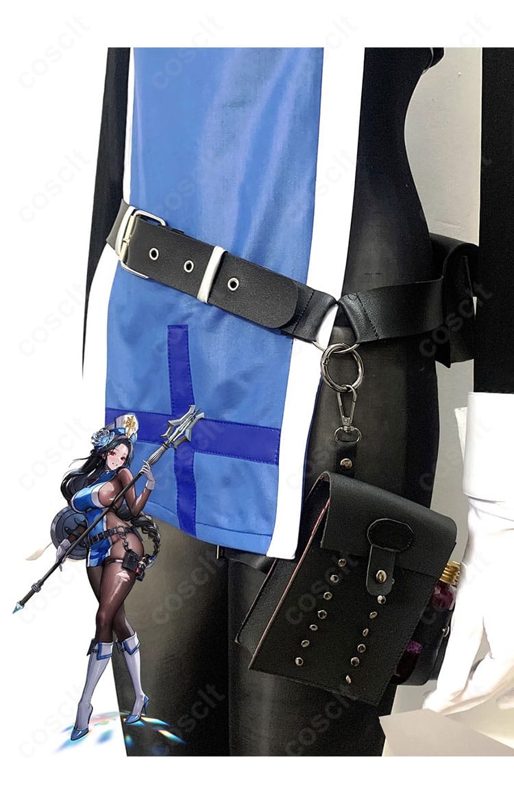 メイデン アイスローズ衣装の腰ベルト装飾ディテール。堅牢なステッチと金具の質感、位置関係まで確認できるクローズアップ。